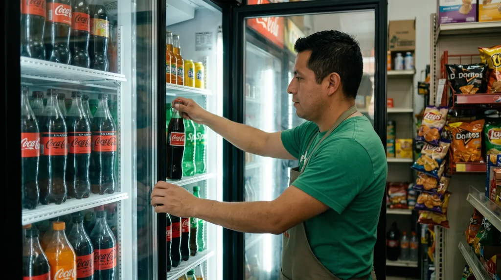 Tendero acomodando refrescos fríos en los estantes de una vitrina refrigerada