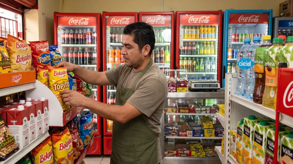 Organización y exhibición de productos en los estantes de una tienda de abarrotes.