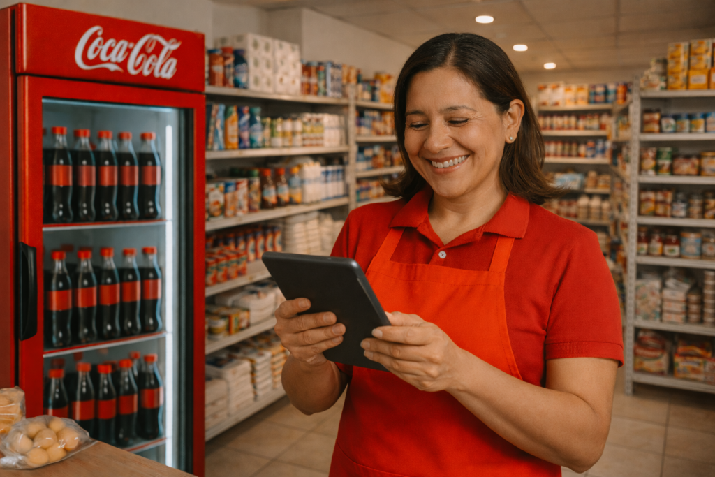 Tendera sonriente revisando inventario en tablet dentro de tienda de barrio organizada, con refrigerador rojo de Coca-Cola al fondo y estantes surtidos.