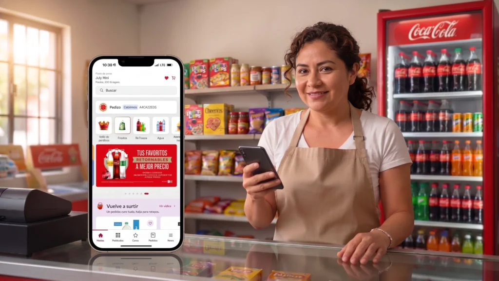 Tendera usando la aplicación Tuali en su celular para surtir productos en su tienda de abarrotes.
